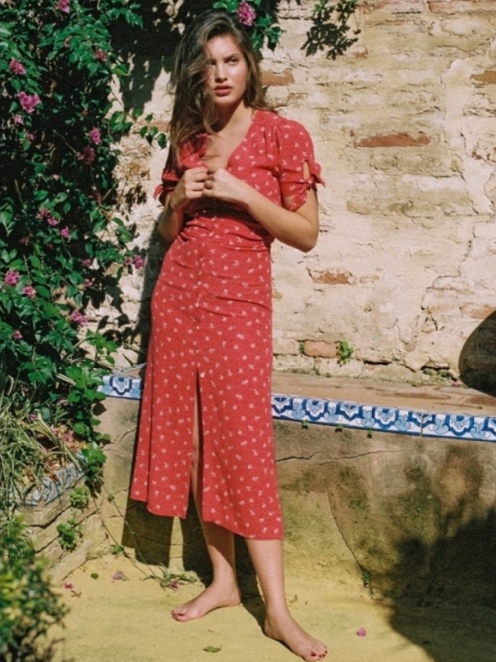 ROUJE Red & White Floral Dot Printed Button Down V Neck Laura Midi Dress 38, 4/6 - Picture 16 of 17